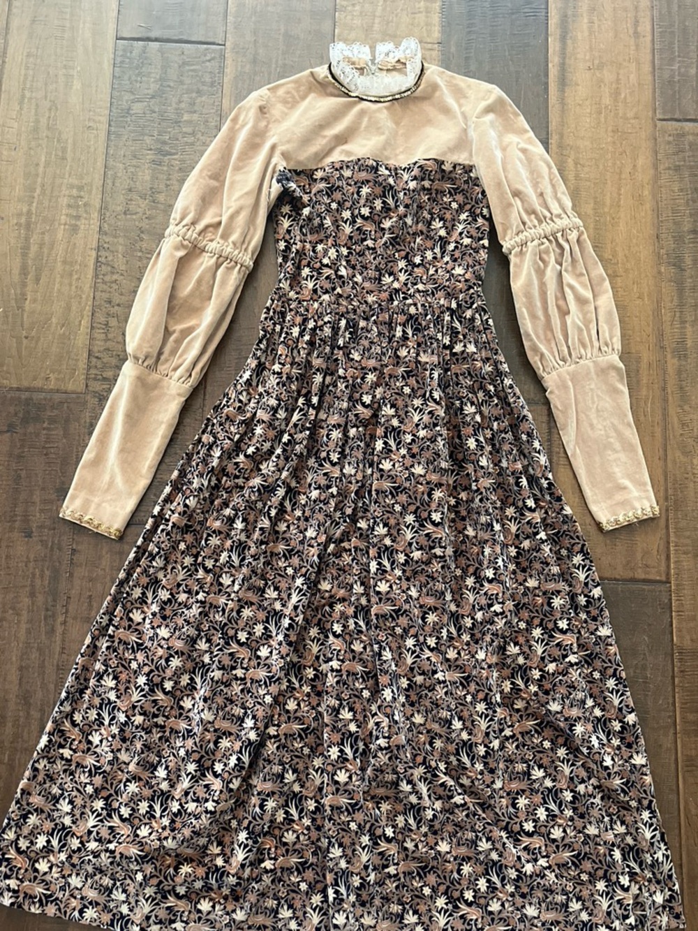 Vintage handmade brown velvet tapestry floral medieval princess costume gown